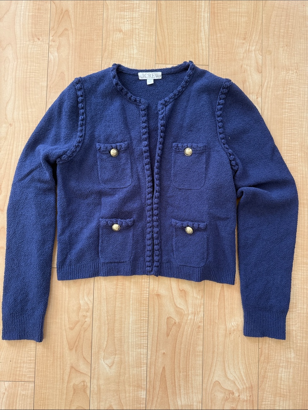 J. Crew Navy Braided Trim Pocket Cardigan with Gold Buttons